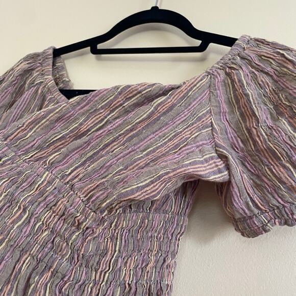 Free People Vivi Smocked Peasant Blouse Natural Stripe Sz L Neutral Boho Stripe - Picture 7 of 9